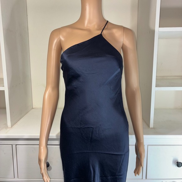 EXPRESS Navy Blue One Shoulder Satin Midi Slip Dress XS TP - Picture 4 of 7